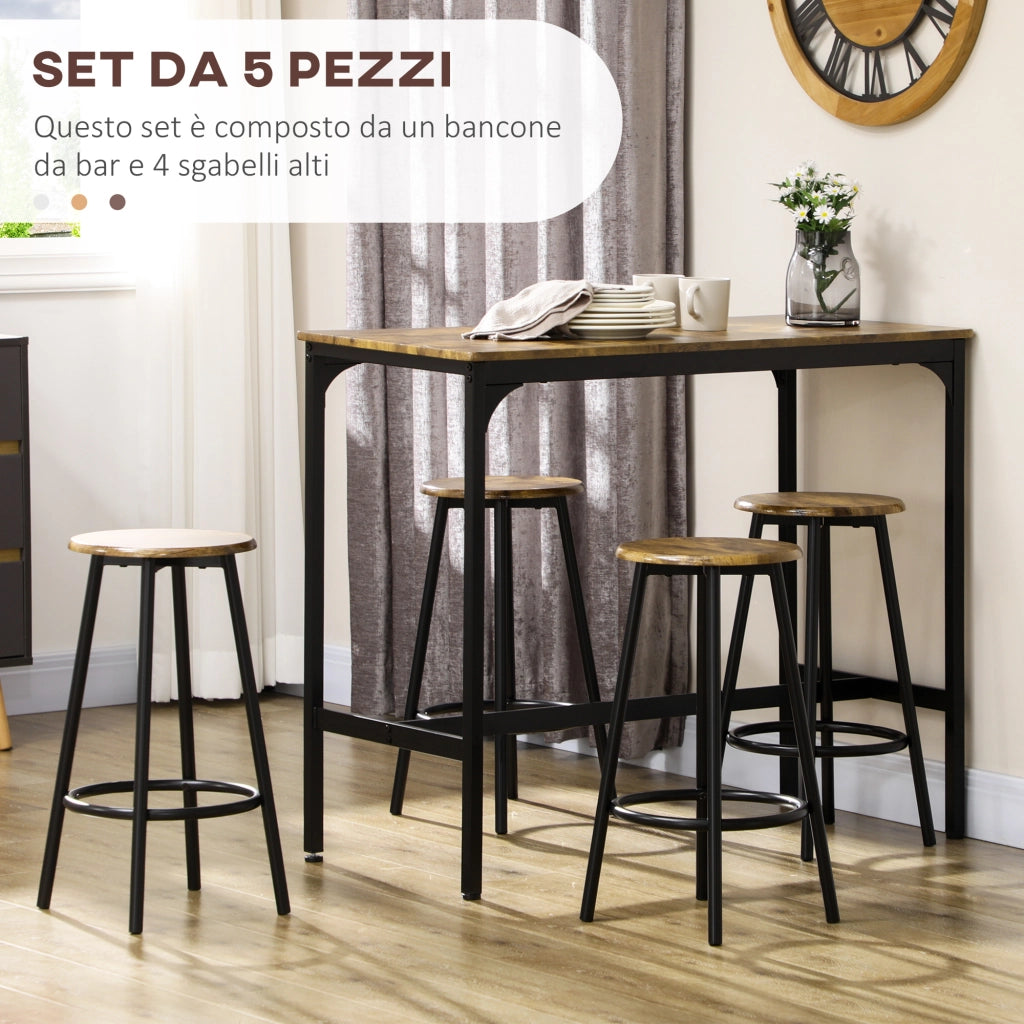 Set da Bar 5 pezzi con Tavolo alto e 4 Sgabelli ¨C zephmum ¨C Stile Industriale Marrone e Nero