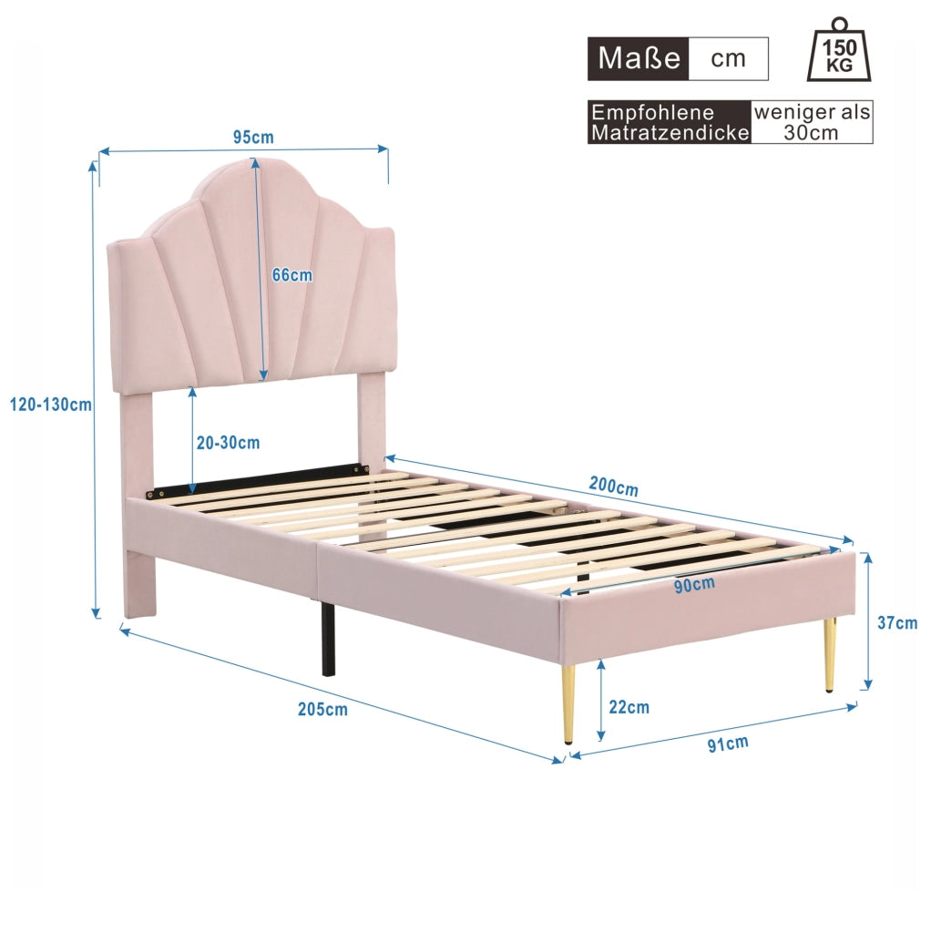 Letto imbottito matrimoniale 90x200 cm in velluto rosa con testiera regolabile e rete a doghe