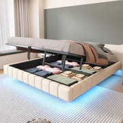 Letto imbottito 180x200 cm con contenitore; LED a colori e struttura sospesa; lino beige