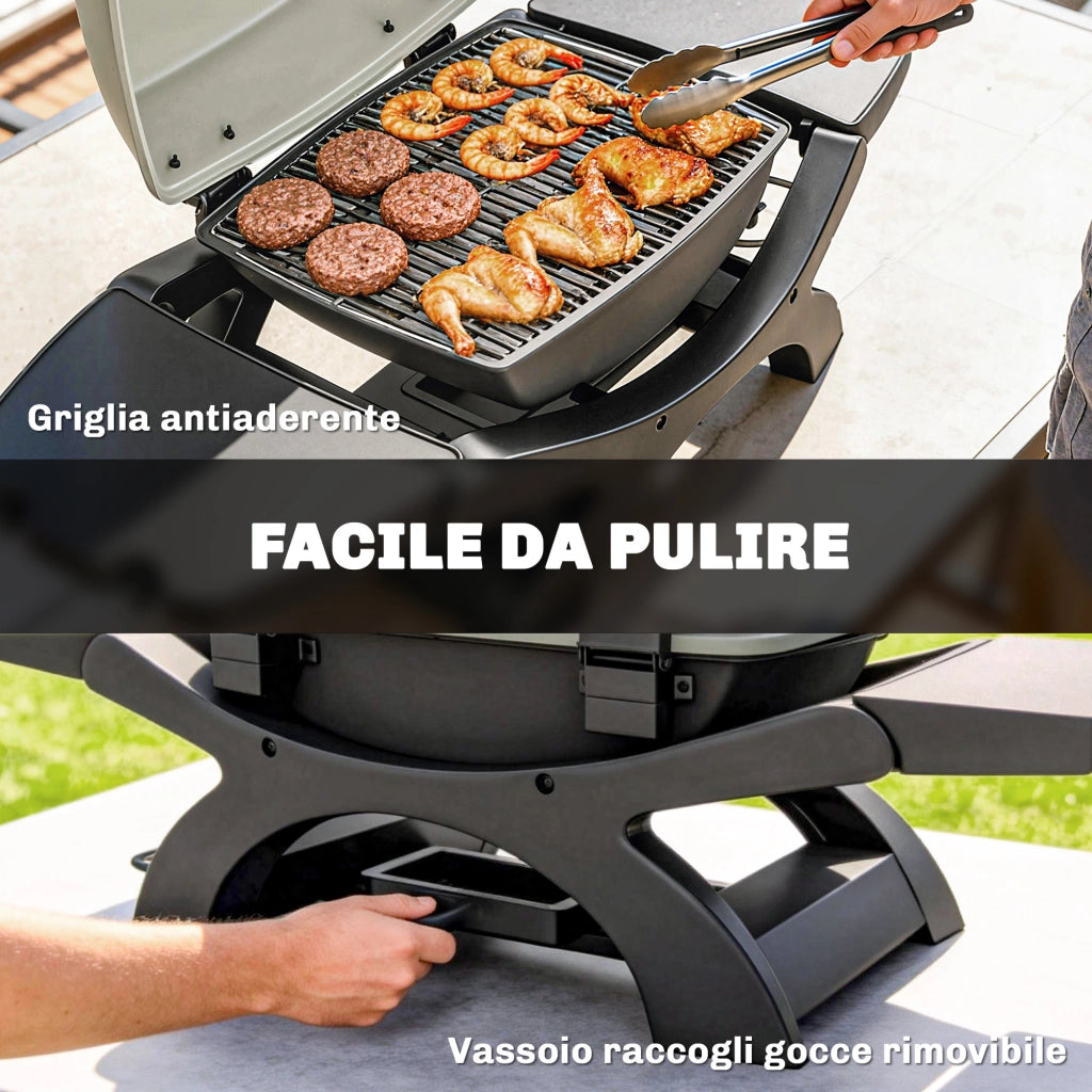 Barbecue Elettrico 2300W Portatile da Tavolo con Ripiani Laterali in Acciaio e Ghisa Nero