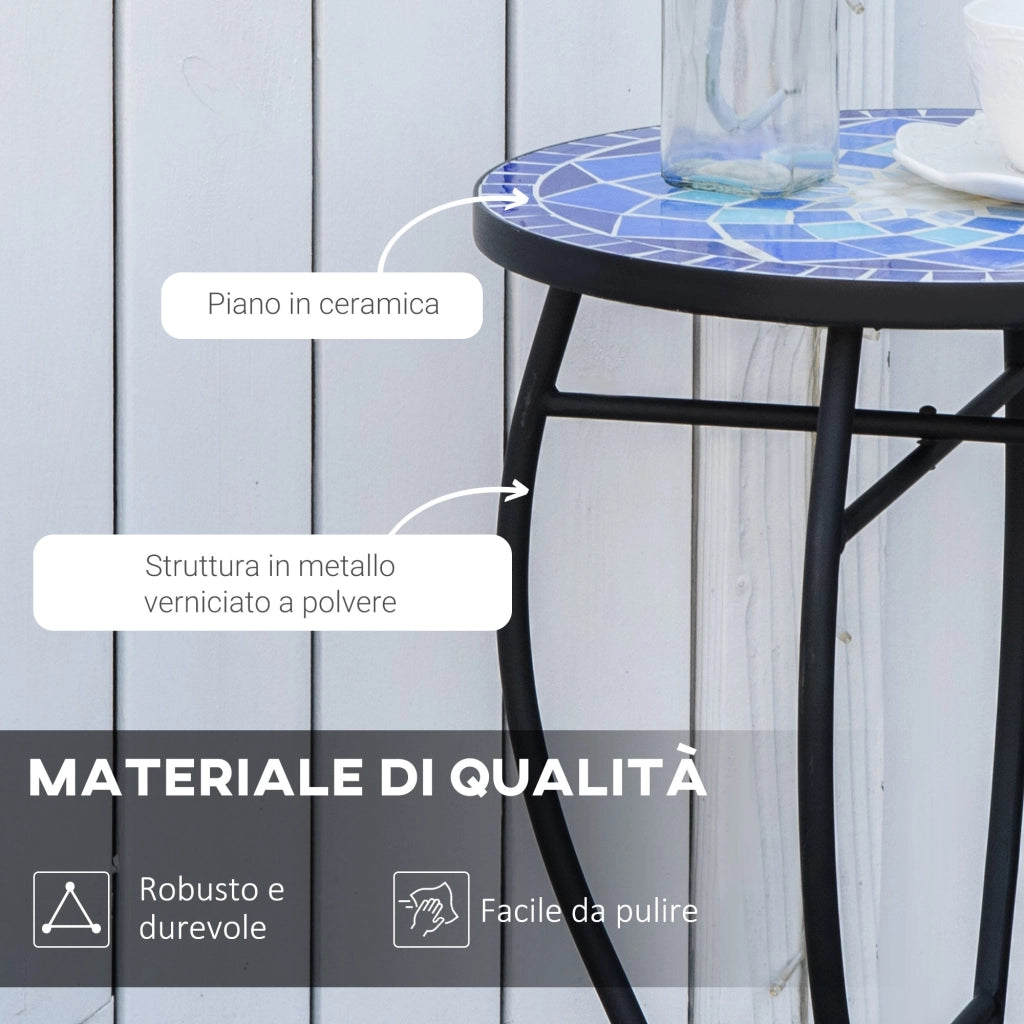 Tavolino da Giardino Ø35,5x53,5 cm in Metallo con Mosaico Blu
