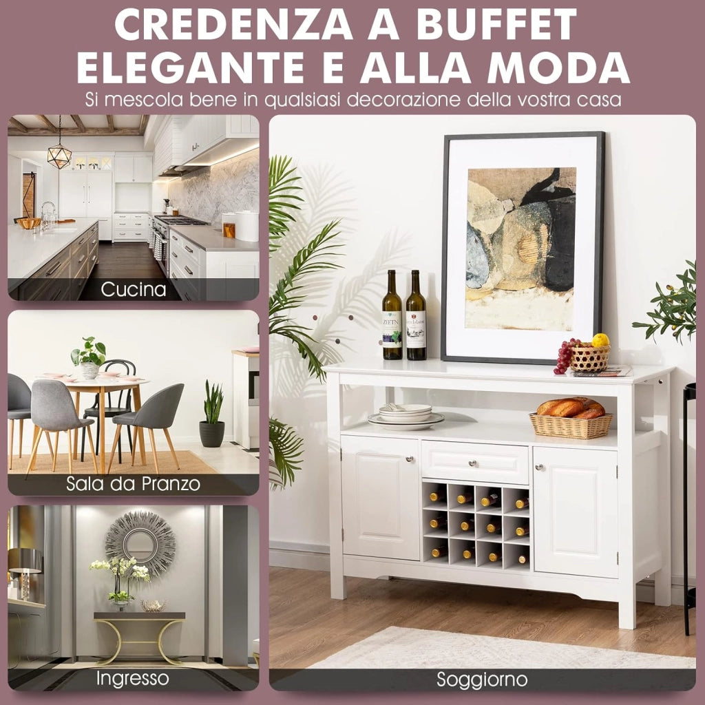 Credenza Moderna con Tanto Spazio, Credenza Cucina con Porta Bottiglie di Vino a Forma Incrociata, Mensola Aperta, 2 Armadietti e Cassetto, 117 x 40,5 x 82,5 cm (Bianco)