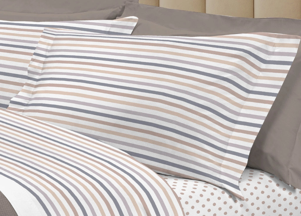 Completo Lenzuola Letto 100% Cotone Italy 3027 Disegno Riga Dots - Matrimoniale - Beige