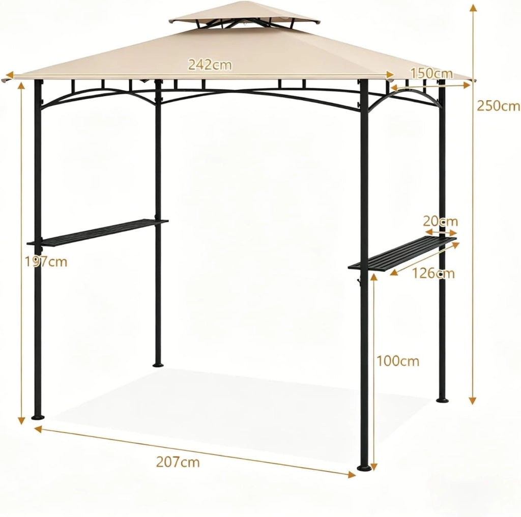 Barbera per barbecue a doppio tetto, gazebo da giardino esterno per griglia, con 2 ripiani e 7 ganci, gazebo da barbecue, per campeggio, picnic, festa, barbecue, 240 x 151 x 255 cm (Beige)