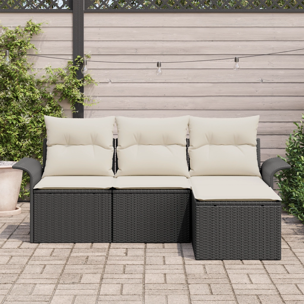 Set di Divani Giardino 4 Pezzi con Cuscini Nero Polyrattan