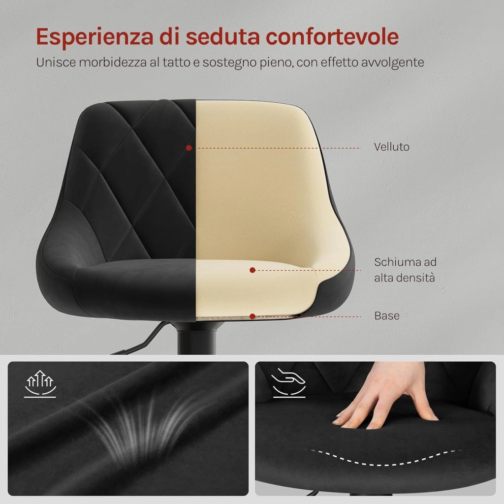 Coppia Sgabelli da Bar Moderni Girevoli Sedia Cucina Alta con Schienale Quadrato Senza Braccioli Altezza Regolabile in Velluto Nero