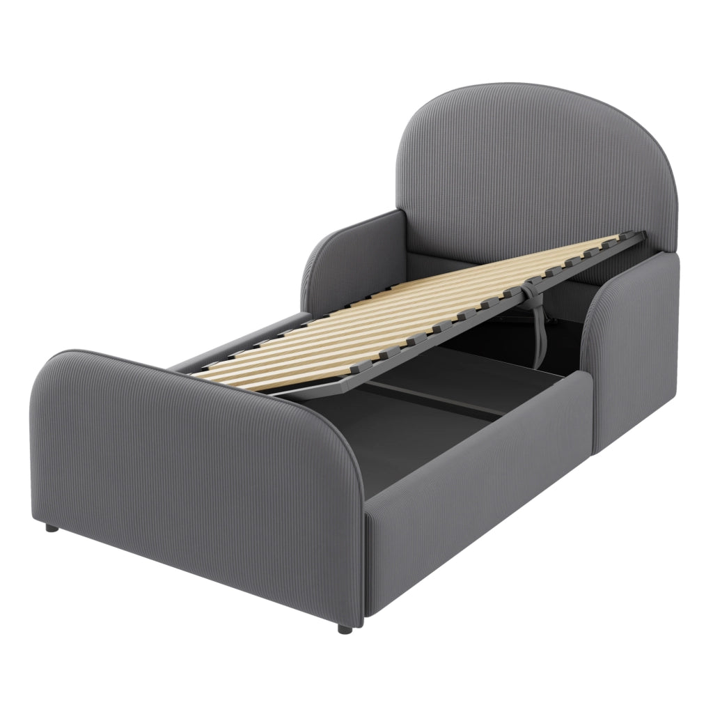 Letto imbottito 90x200 cm con contenitore idraulico; testiera alta in velluto grigio