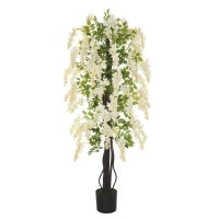 Pianta Artificiale Glicine Bianco Finto con Vaso per Interni ed Esterni, Bianco e Verde Ø18 x 165cm