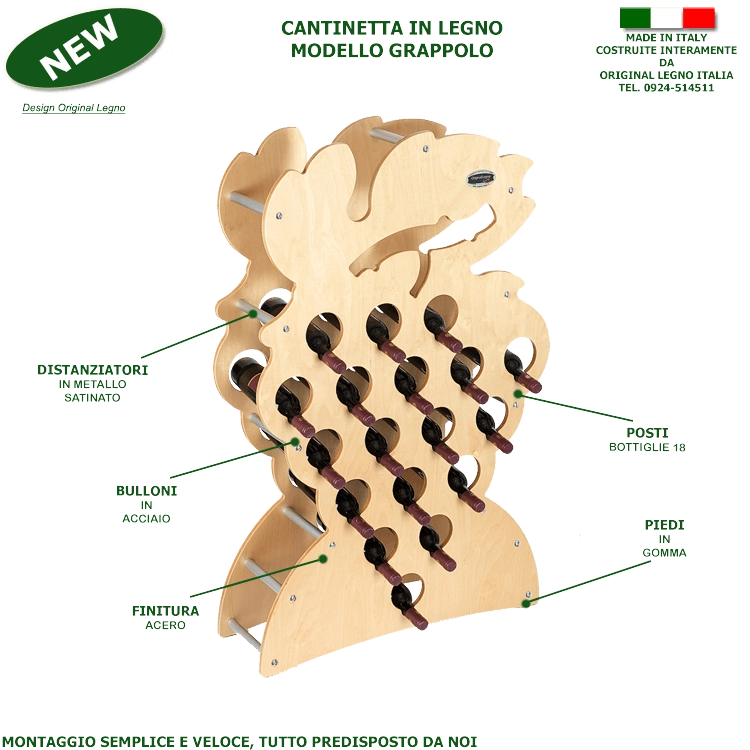 CANTINETTA IN LEGNO PORTA BOTTIGLIE VINO MODELLO GRAPPOLO 18 BOTTIGLIE FINITURA ACERO L.75 x P,25 x H.120 100% FABBRICATO IN ITALIA