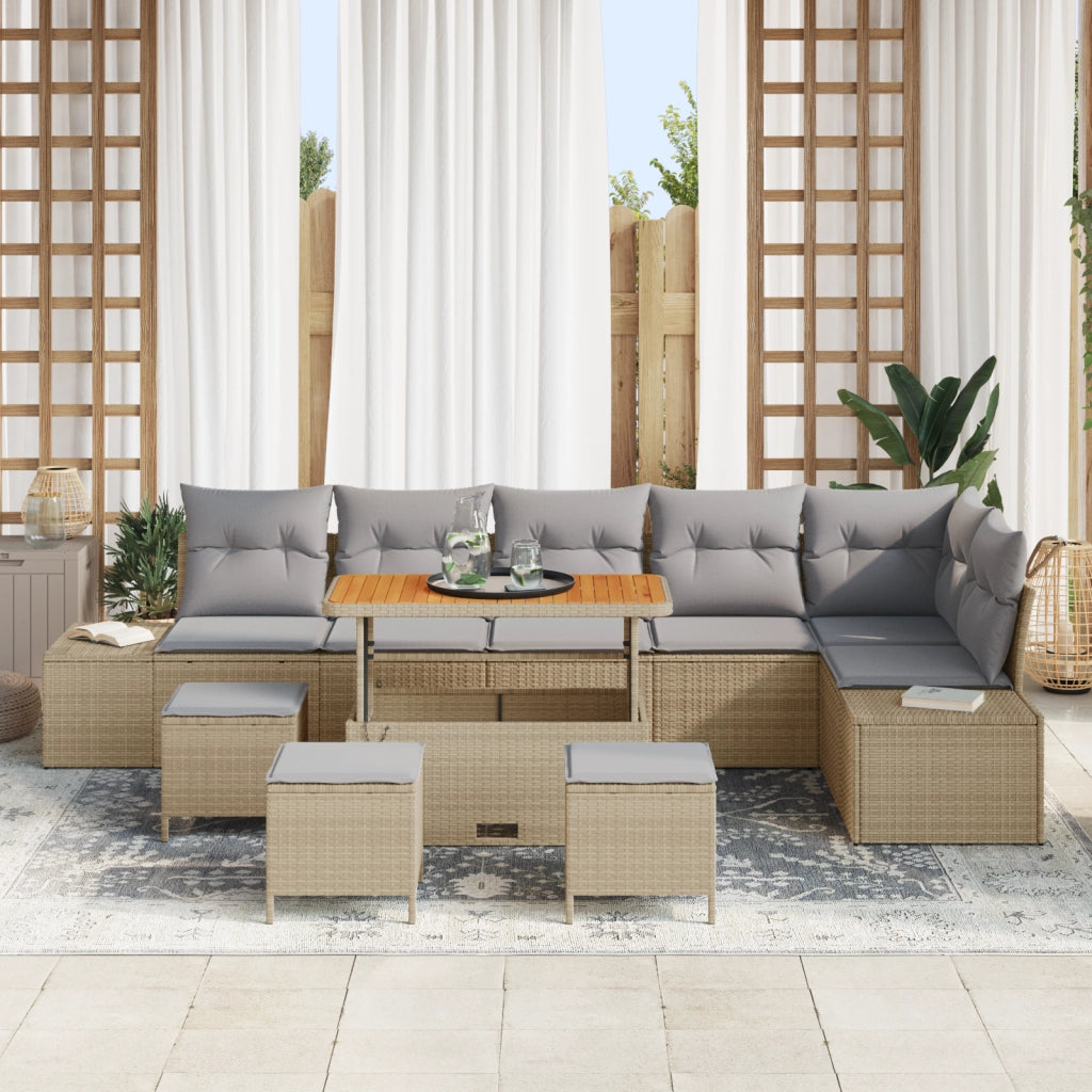 Set Divano da Giardino da 10 Pezzi con Cuscini Beigi Polyrattan Acacia