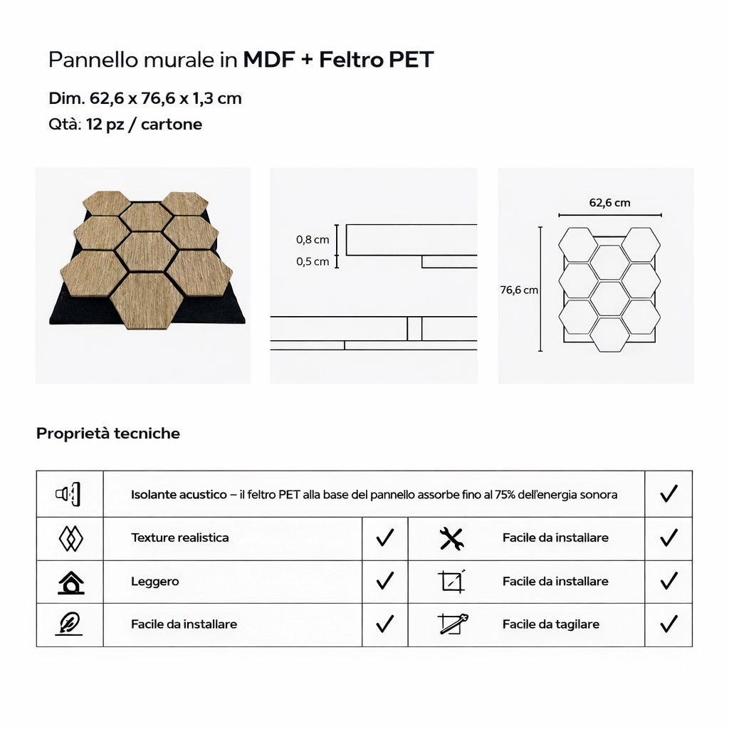 Set 12 Pannelli Decorativi 62x76 cm Motivo Esagonale in MDF e Feltro PET Rivestimento Murale Fonoassorbente Rovere