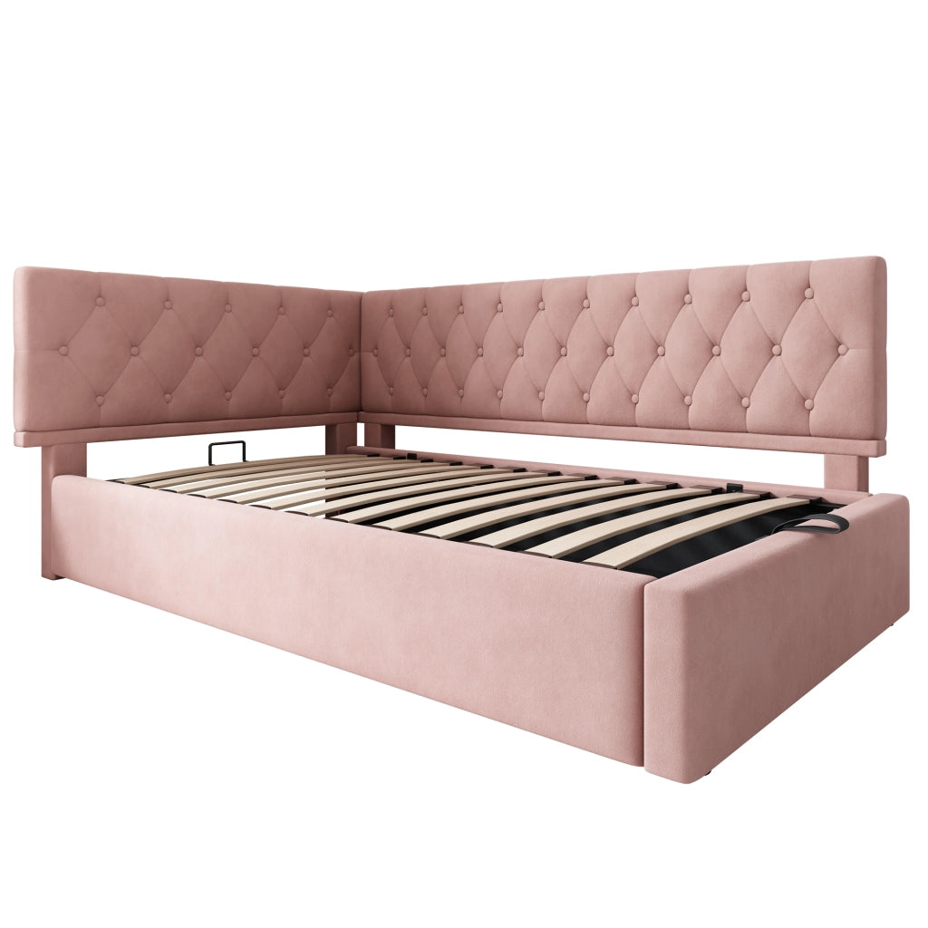 Letto singolo 90x200 cm in velluto rosa con contenitore idraulico, testiera reversibile e rete a doghe