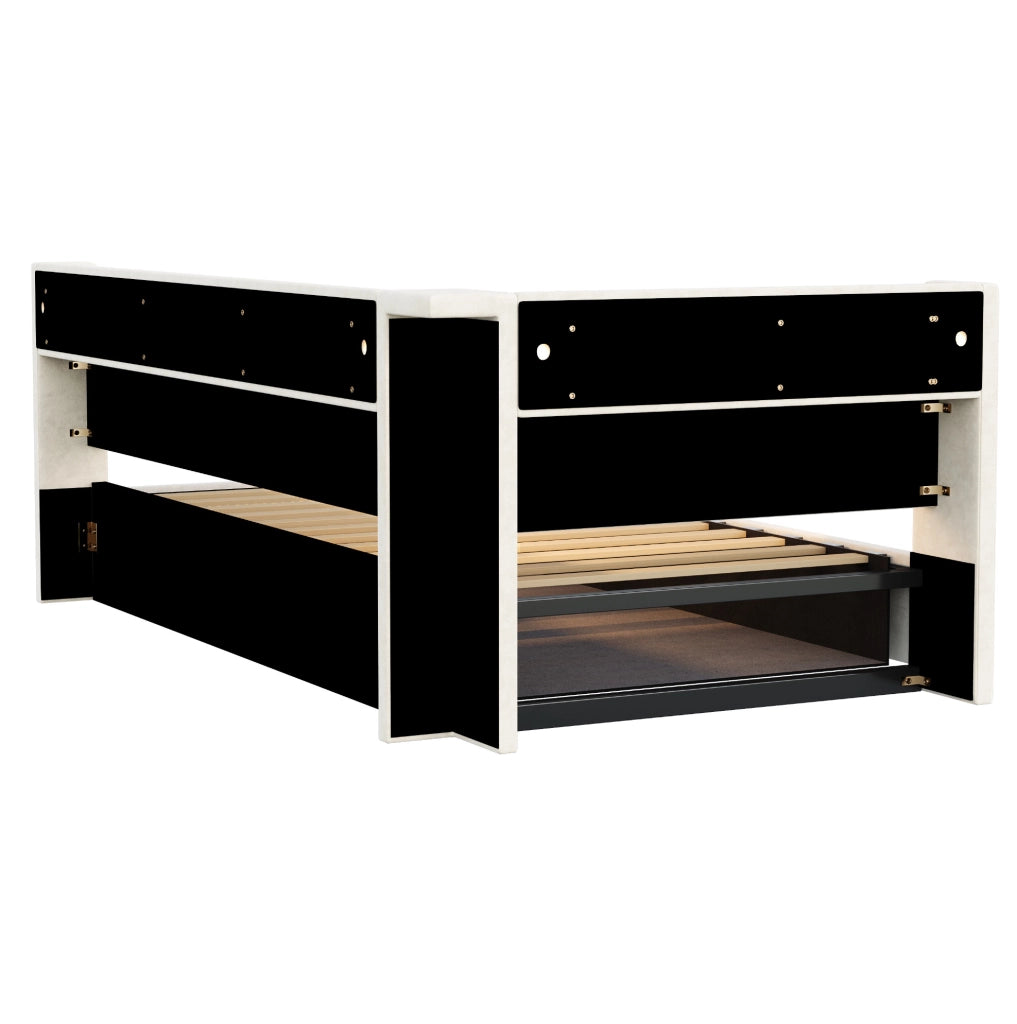 Divano letto imbottito ULEVR 90x200 cm con contenitore idraulico, LED, prese USB e Type-C, ripiani in velluto beige