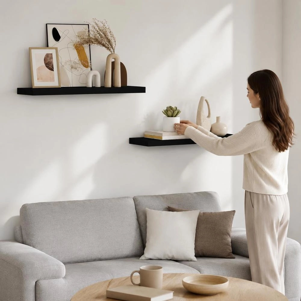 Floating Shelves, 2 Pieces, Black, 80x23.5x3.8 Cm, MDF