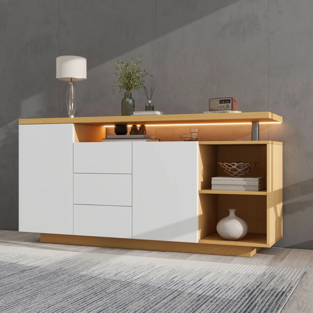 Madia 140 cm bianca effetto rovere con LED, 2 ante e 3 cassetti