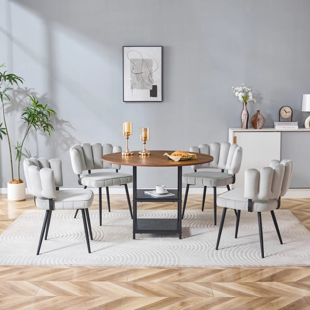 Set tavolo e sedie con tavolo rotondo e 4 sedie; 2 ripiani; in tessuto grigio chiaro; MDF noce e metallo nero