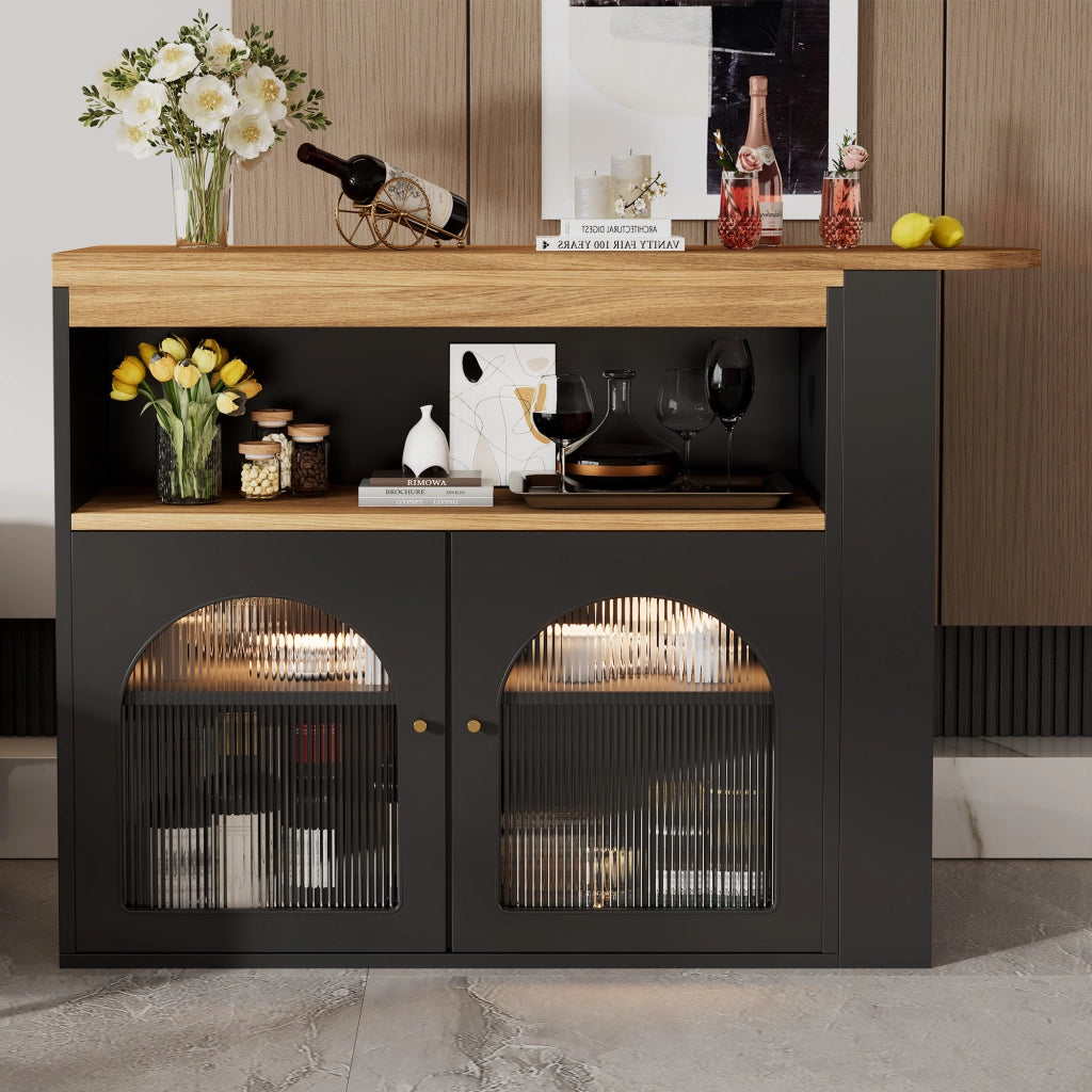 OKWISH Tavolo Bar Estensibile con Ripiani a 3 Livelli, Rotazione 360 e LED, per Sala da Pranzo, MDF, Nero, 138-193 × 39 × 105 cm