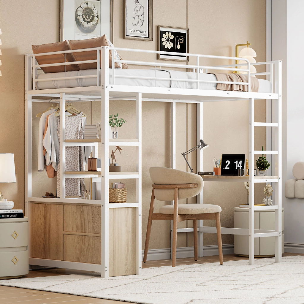 Letto a castello bianco con scrivania funzione presa usb scaffali in metallo 90x200 cm