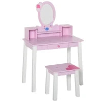 Toeletta per Bambine +3 Anni in Legno, Set Tavolo da Trucco Giocattolo con Specchio e Sgabello, Rosa