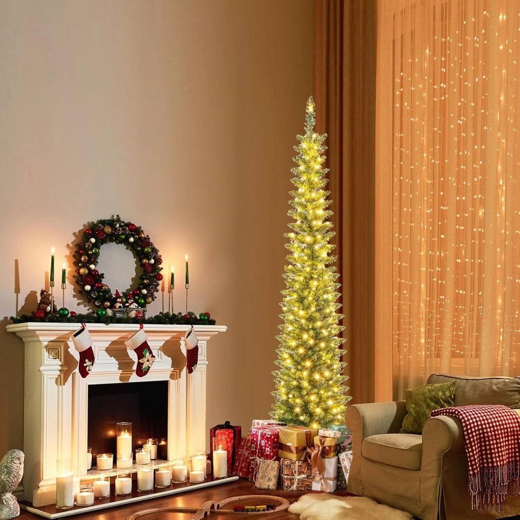 Albero di Natale Slim da 150/180/210 CM, Albero di Natale Artificiale con 296/390/499 Punte di Ramo, 150/180/200 Luci LED Bianche Calde, Supporto Pieghevole in Metallo (180 cm)