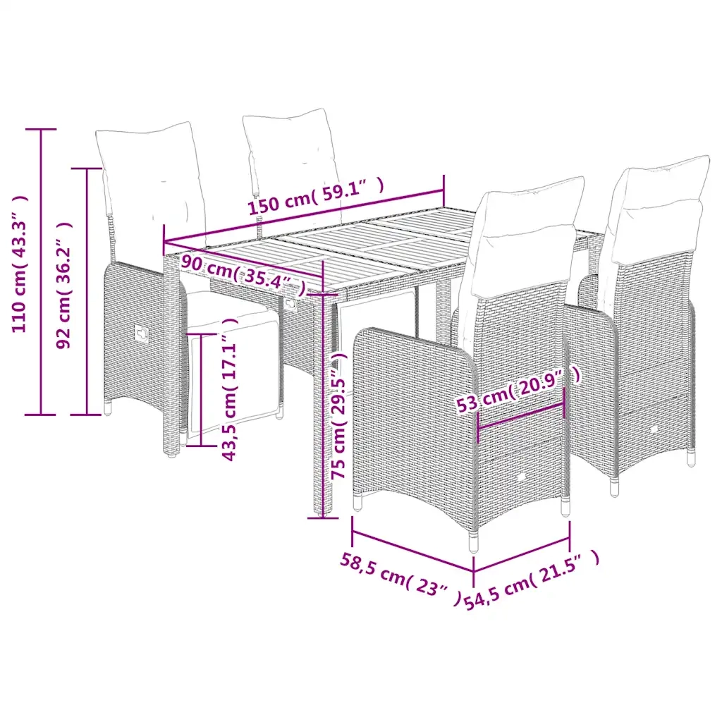 Set BistrÃ² da Giardino 5 pz con Cuscini in Polyrattan Grigio