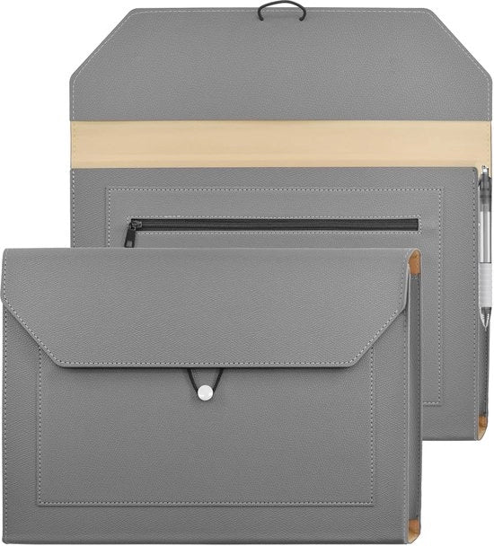 Documentario espandibile con contenitore in pelle PU, portfolio con 2 cassettoni, organizzatore documenti con cordino elastico per carta A4 (grigio)