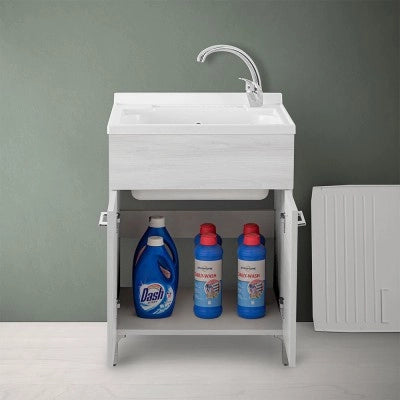 Mobile lavatoio 60x50 cm 2 ante bianco venato con vaschetta in resina
