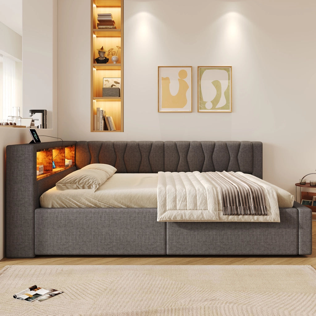 Letto contenitore 140x200 cm con sollevamento idraulico; LED dimmerabile; testiera con ripiano e USB; grigio