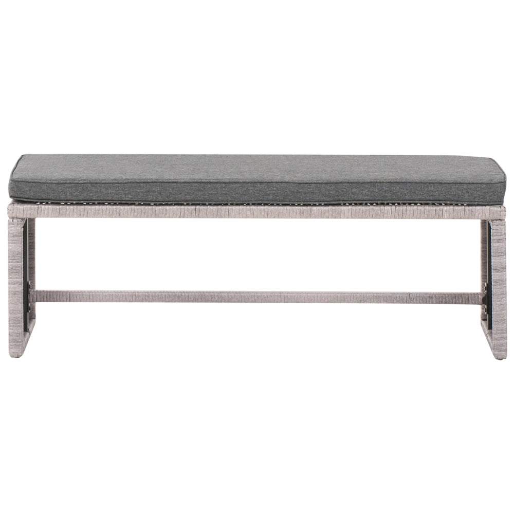 Set da pranzo ad angolo da giardino grigio finto rattan con cuscini divano panca tavolo rettangolare piano in vetro 80 x 145 cm vimini