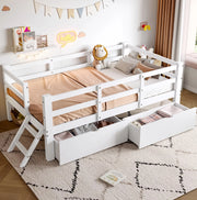 Letto a piattaforma 90x200 cm con sponde di protezione e 2 cassetti; bianco