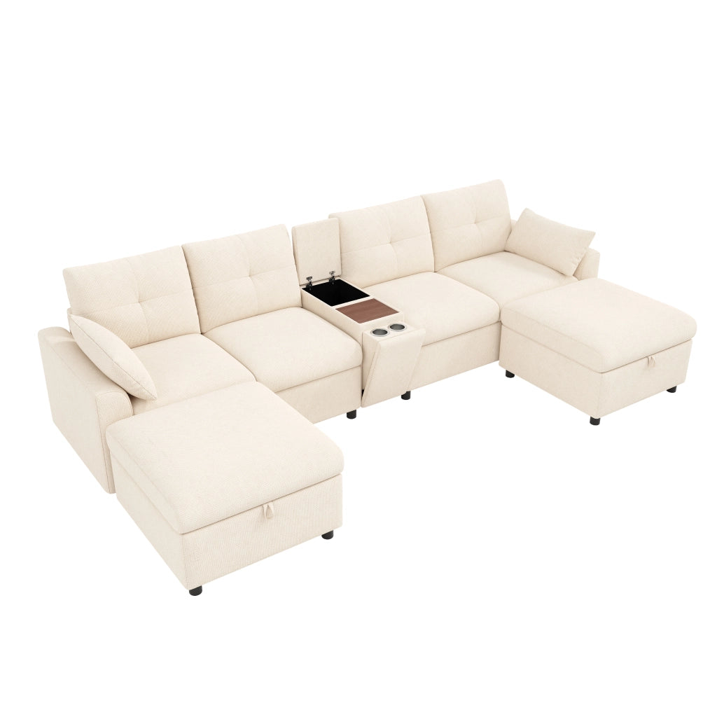 Divano angolare modulare 6 posti - con consolle e contenitore - in ciniglia - beige