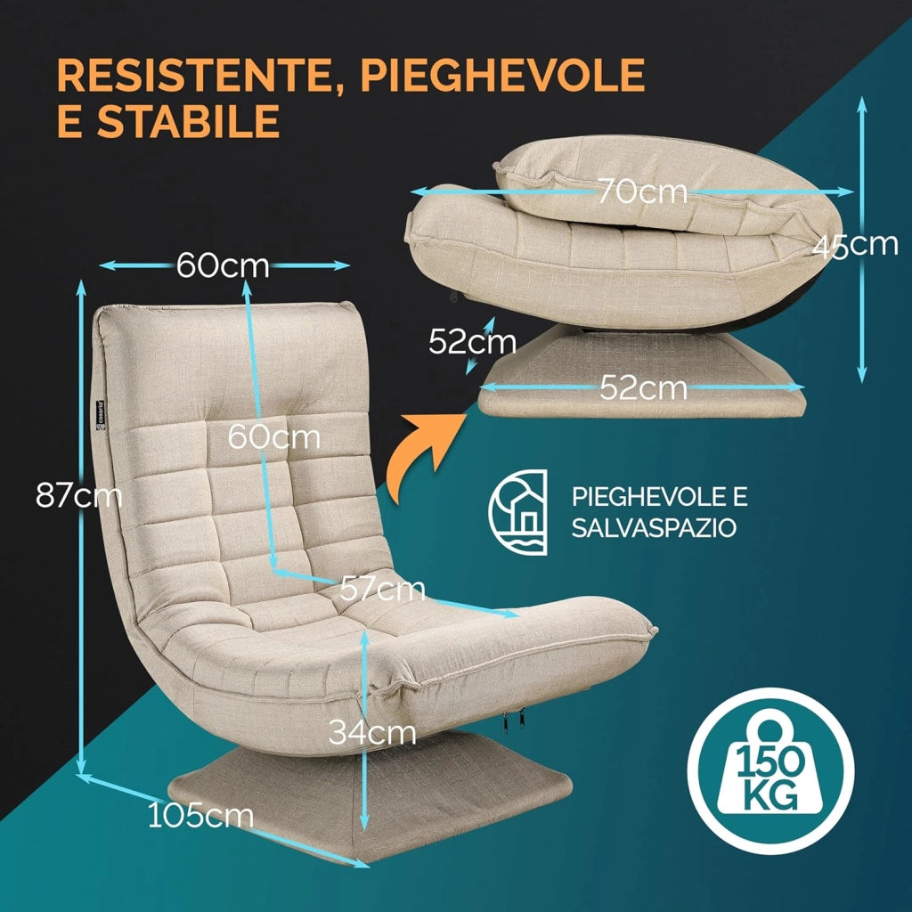 ® Poltrona Relax da Lettura con Schienale Regolabile 360° Pieghevole Portata 150kg 60x105x87cm Sedia da Pavimento Imbottita Salotto Gaming