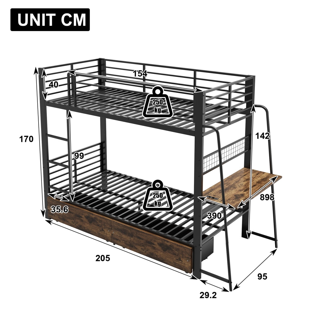 Letto a soppalco 90x200 cm con scrivania; LED e cassetti contenitore in metallo e MDF; nero