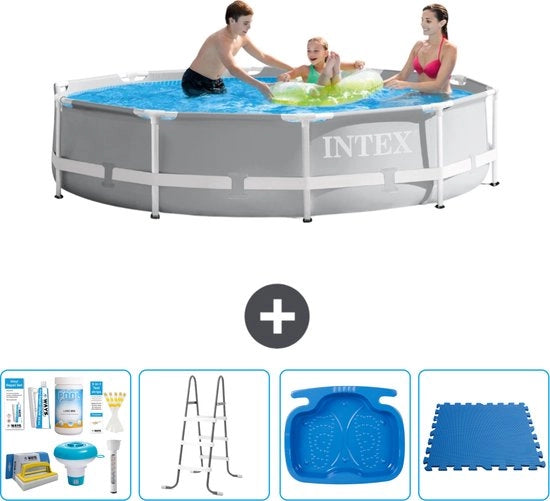 Piscina Rettangolare a Rete - 305 x 76 cm - Grigio - Incluso Kit di Manutenzione - Scala - Vasca per i Piedi - Pavimento in Pietra