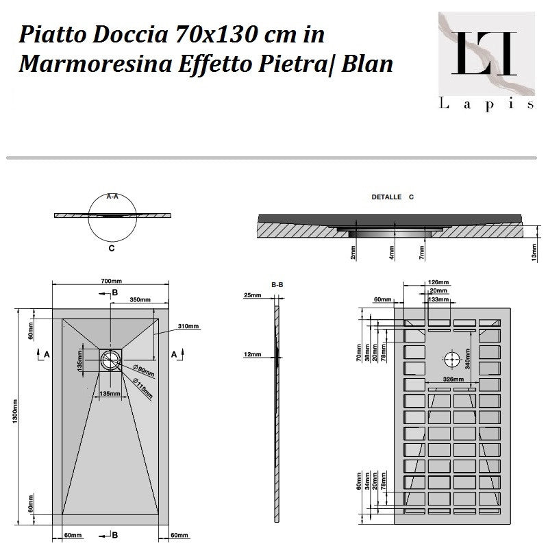 Piatto Doccia 70x130 cm Grigio in Marmoresina Effetto Pietra| Bl