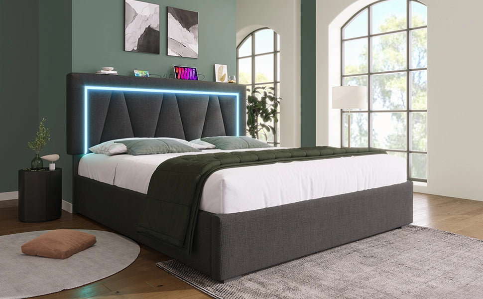 Letto matrimoniale 160 × 200 cm con contenitore, USB e Type-C, LED, con materasso, grigio