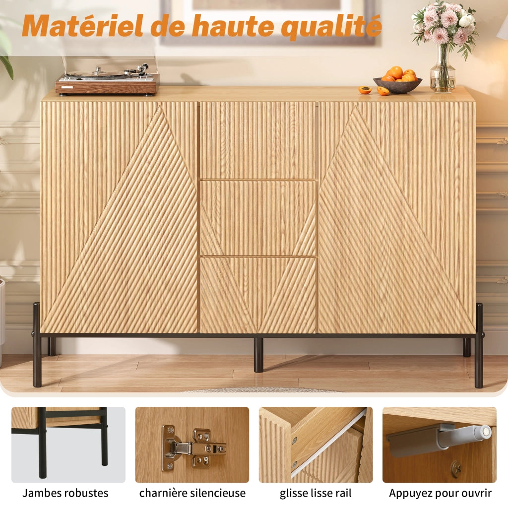 Madia con 2 Ante e 3 Cassetti; Gambe in Metallo; per Soggiorno Sala da Pranzo; MDF; 115.5 × 40 × 76 cm; Naturale
