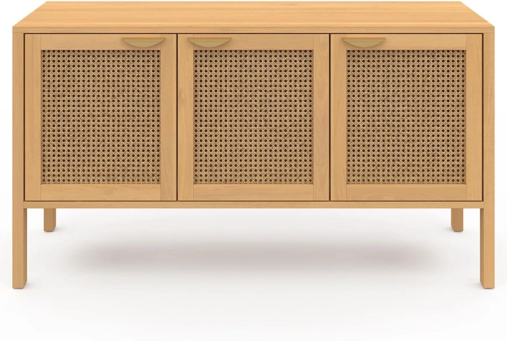 EDHEN Aparador bajo de 3 puertas con mimbre 110 cm