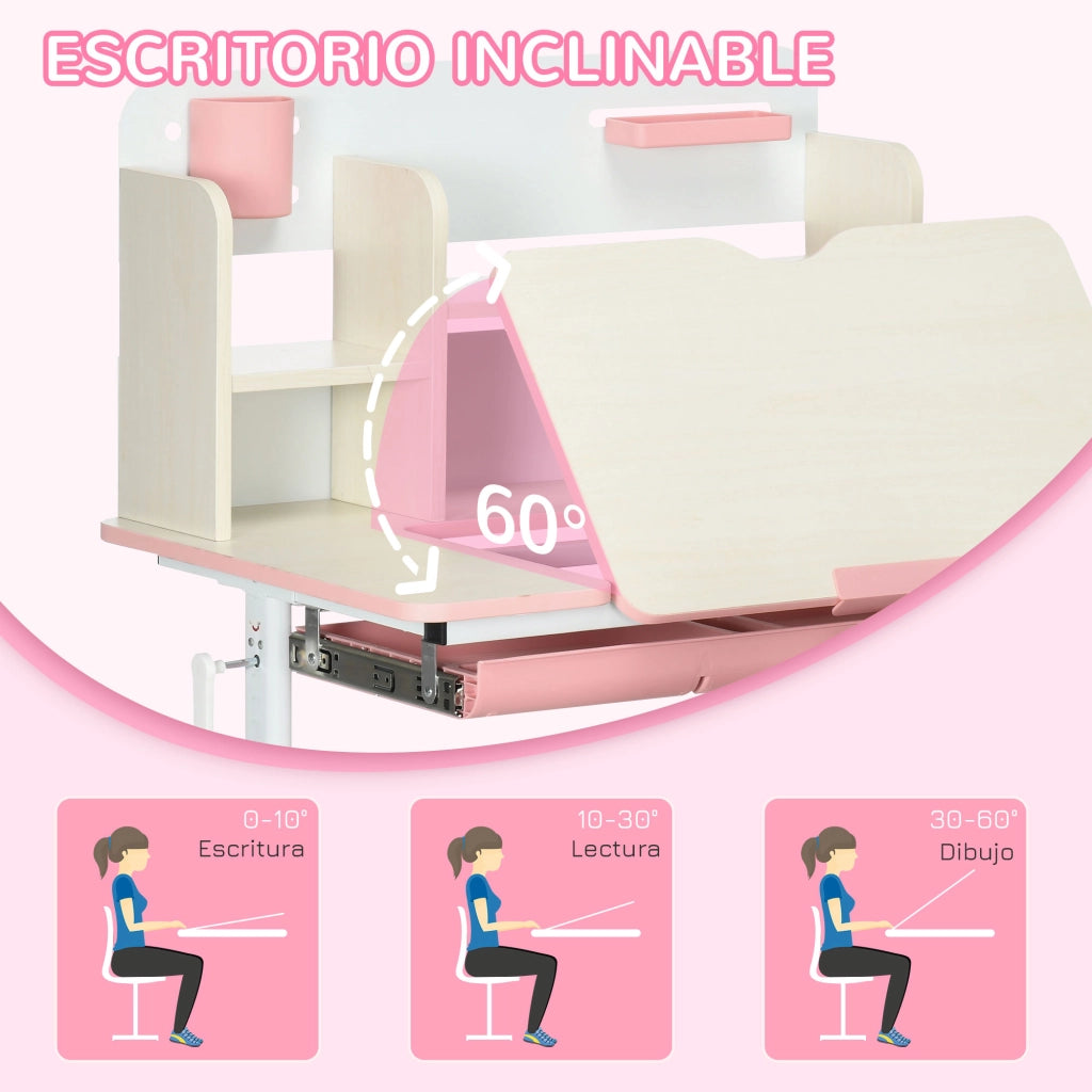 Scrivania Bambini Regolabile Altezza con Cassetto e Ripiano ¨C zephmum ¨C Rosa Bianco 80x52x88-109 cm
