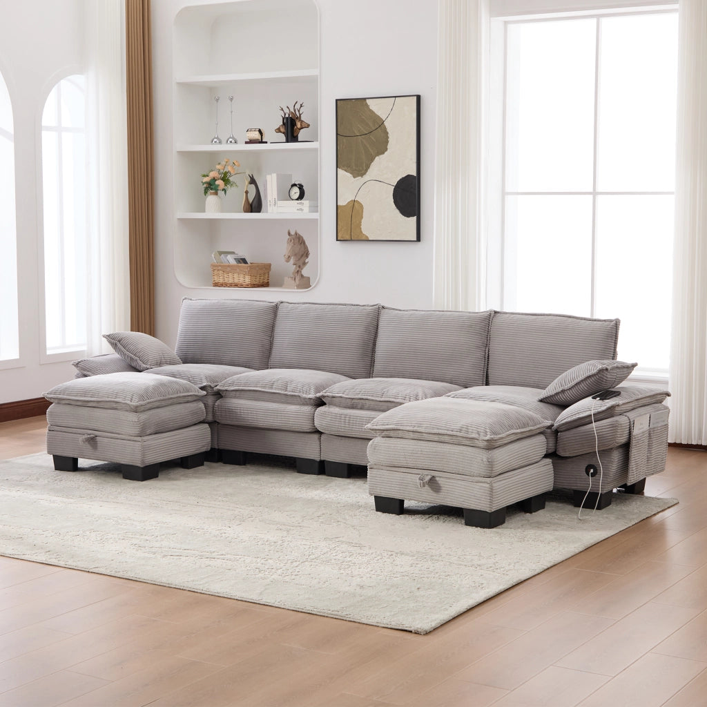 Divano 4 Posti con 2 Poggiapiedi in Tessuto ¨C MINIMAL ¨C Grigio Chiaro