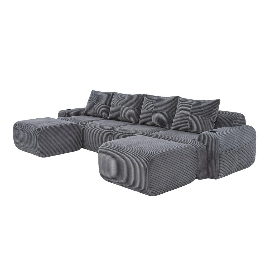Divano modulare 4 posti con 2 pouf in velluto a coste grigio scuro