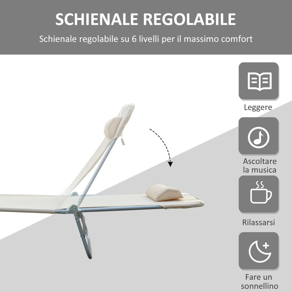Set 2 Lettini Prendisole Pieghevoli con Schienale Reclinabile a 4 Livelli, Metallo e Tessuto a Rete, Beige