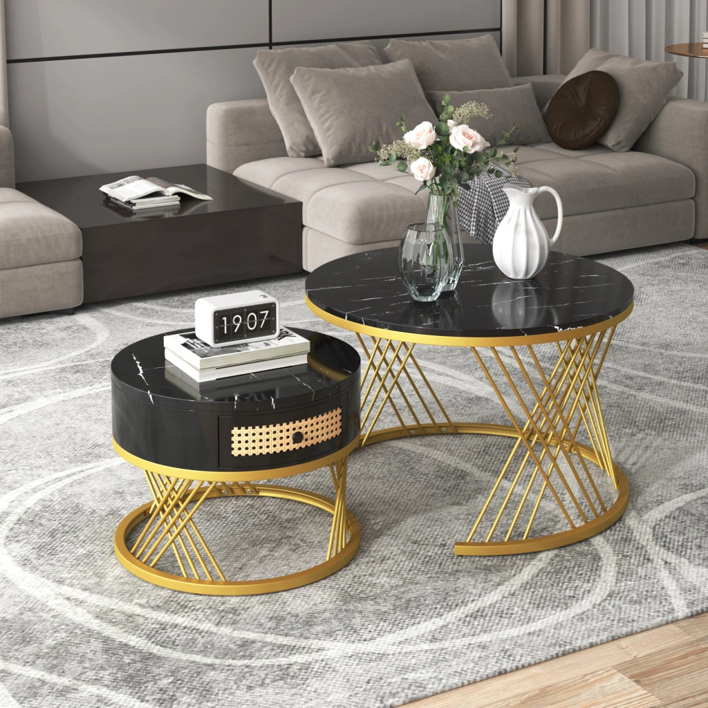 Set di 2 tavolini da caffè rotondi neri con cassetto