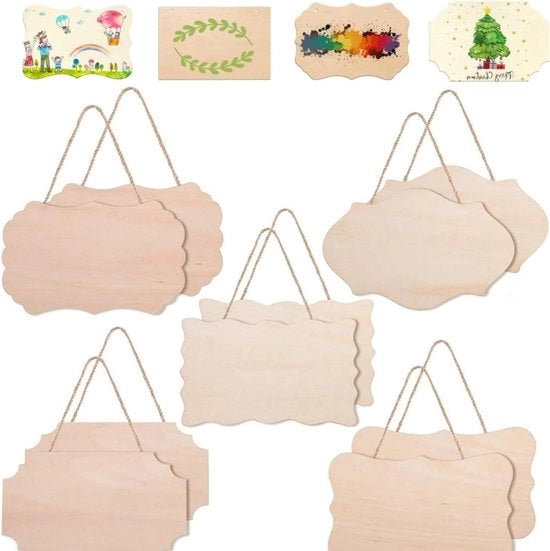Pannello di legno non finito appeso - pannello decorativo di legno - 10 pezzi con corda - decorazione con marchio a sbalzo