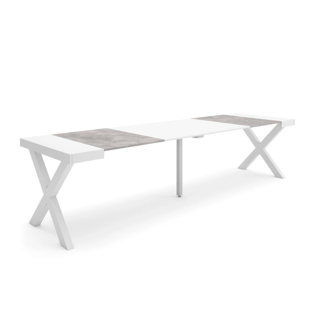 Consolle allungabile, 58 fino 302x90x73cm, Per 14 persone, Gambe in legno, Bianco e grigio cemento RF2825