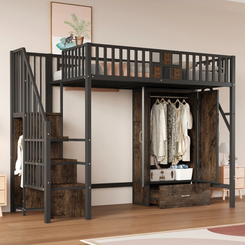Letto a castello nero in metallo e legno con funzione contenitiva 90x200 cm