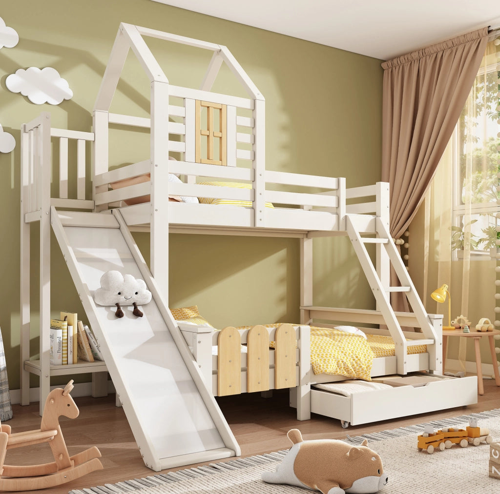 Letto a castello 90x200/140x200 con scivolo e cassetto