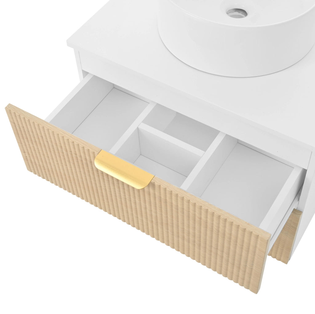 Mobile bagno sospeso 60 cm con lavabo in ceramica, 2 cassetti, MDF naturale