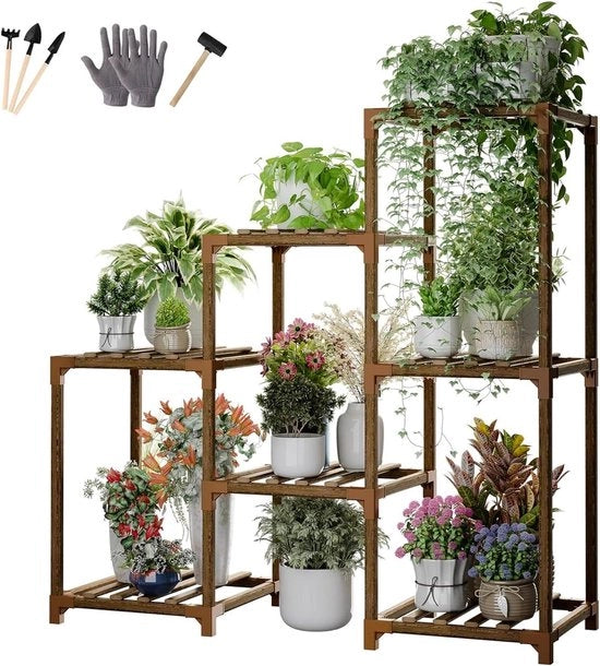 Supporto per piante con 7 vasi - Sostegno in legno per piante alte - Interno e esterno - Balcone soggiorno giardino