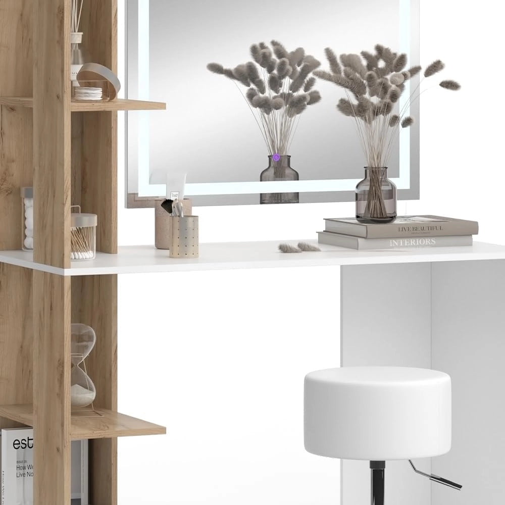 Tavolo da toeletta Tower, Bianco/Sonoma, 122.2 cm con specchio LED e sgabello, Superfici decorative per profumi e oggetti preferiti